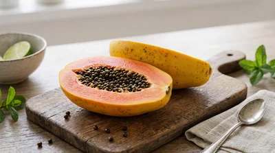 Fresh Cut Papaya Halves on Wooden Cutting Board