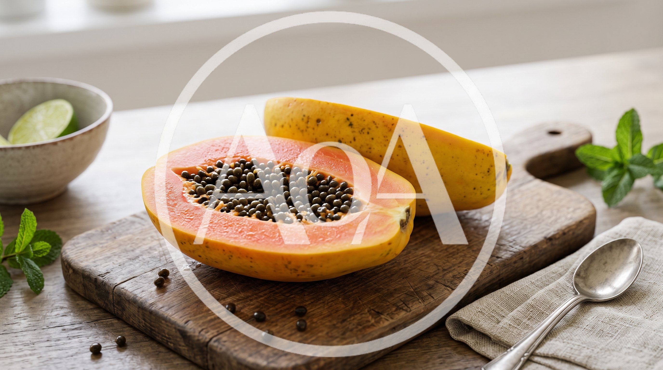 Fresh Cut Papaya Halves on Wooden Cutting Board