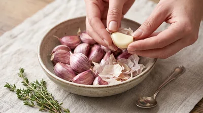 Hands Peeling Fresh Garlic Cloves In A Bowl