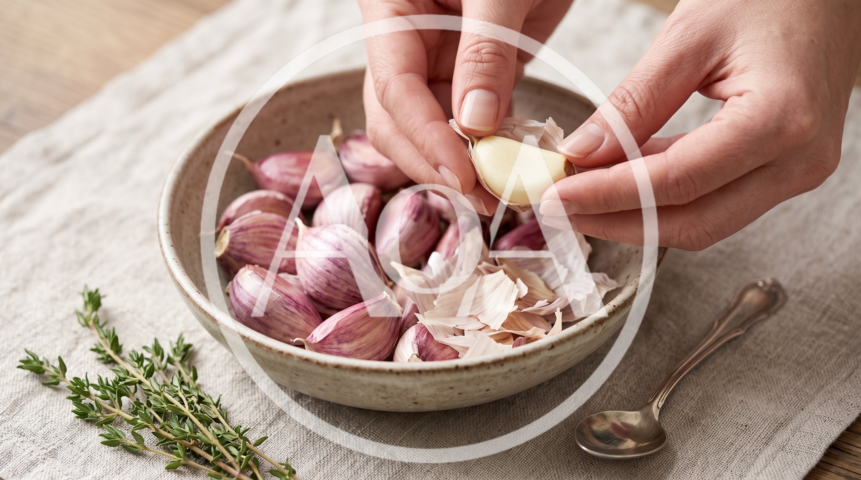 Hands Peeling Fresh Garlic Cloves In A Bowl