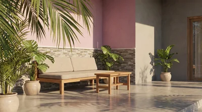 Modern Outdoor Patio Lounge Area With Tropical Plants