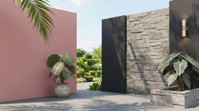 Modern Outdoor Patio With Pink And Stone Walls