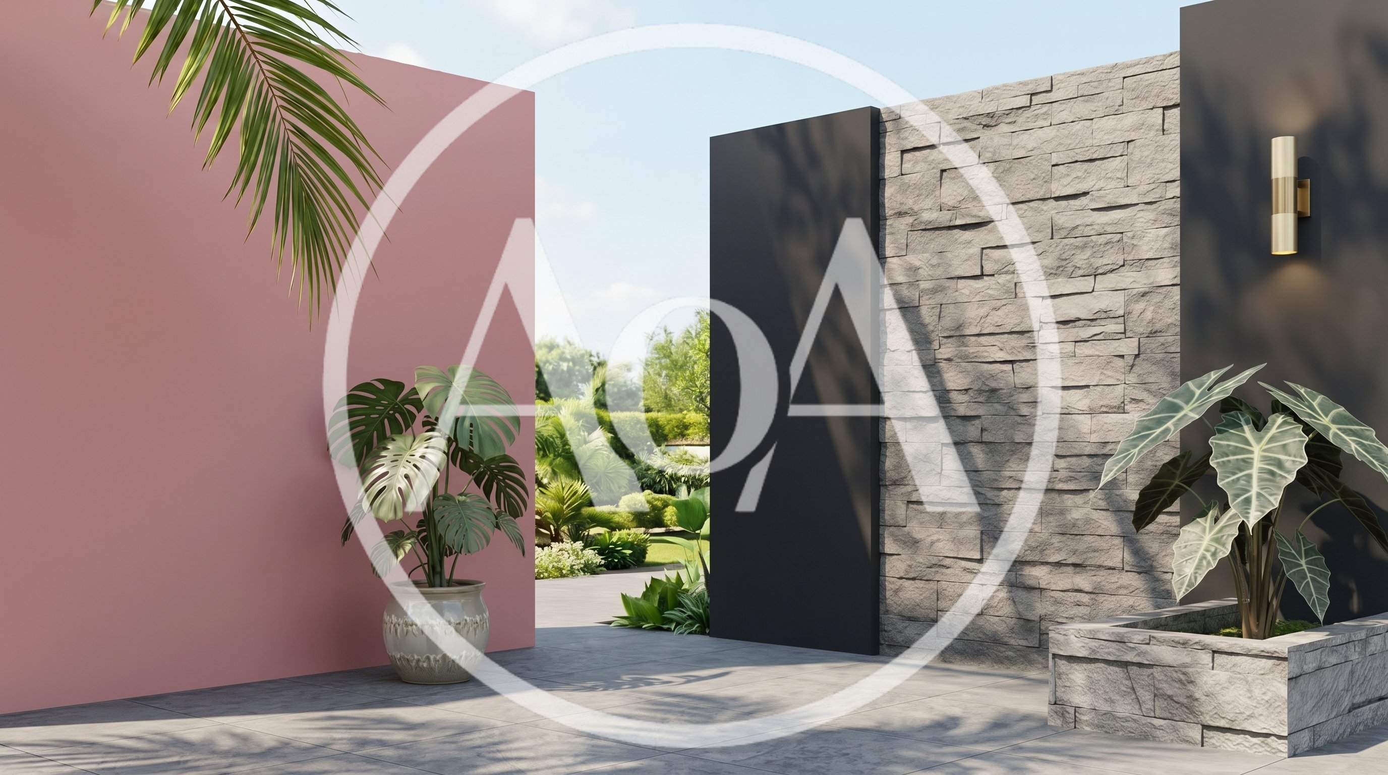 Modern Outdoor Patio With Pink And Stone Walls