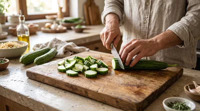 Man Slicing Fresh Luffa Gourd on Wooden Cutting Board