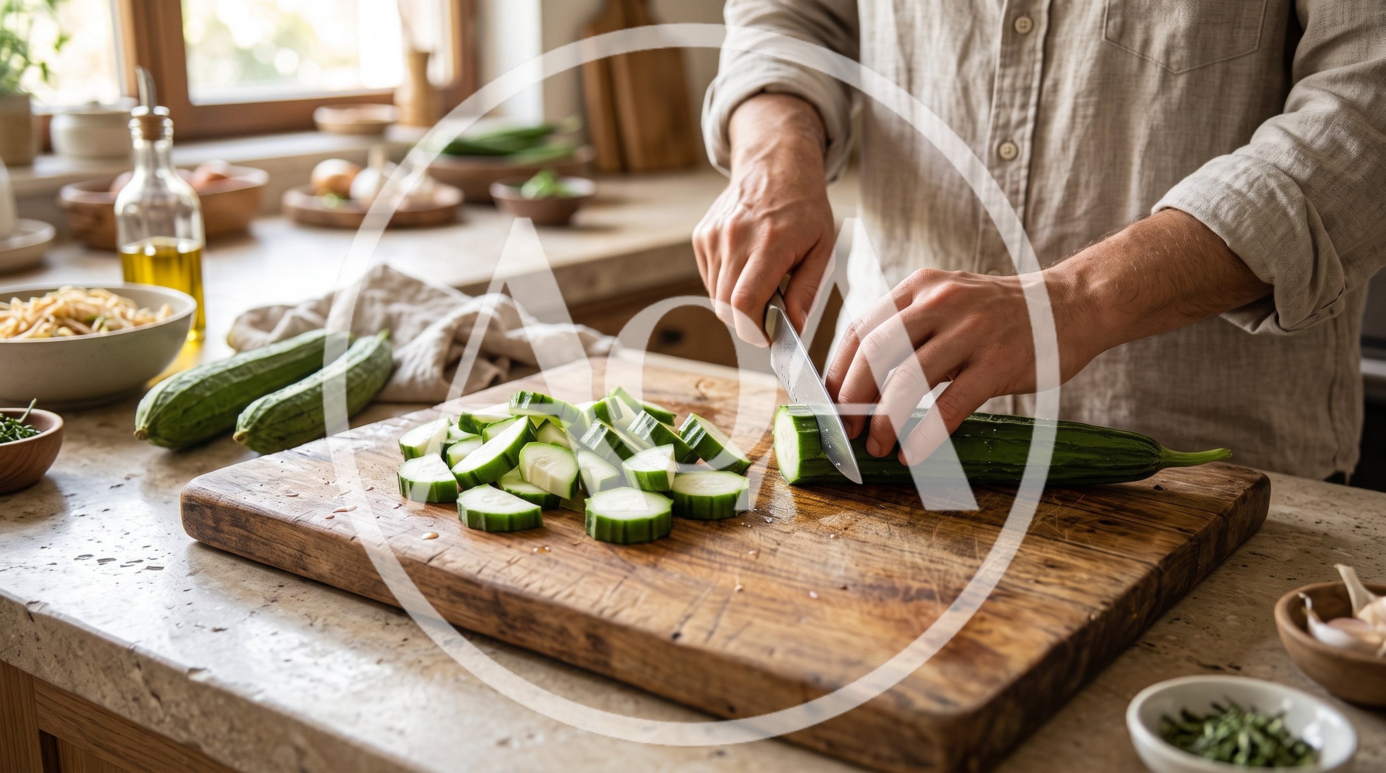 Man Slicing Fresh Luffa Gourd on Wooden Cutting Board