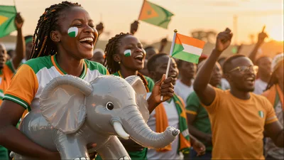 Excited African Soccer Fans Celebrating With Inflatable Elephant