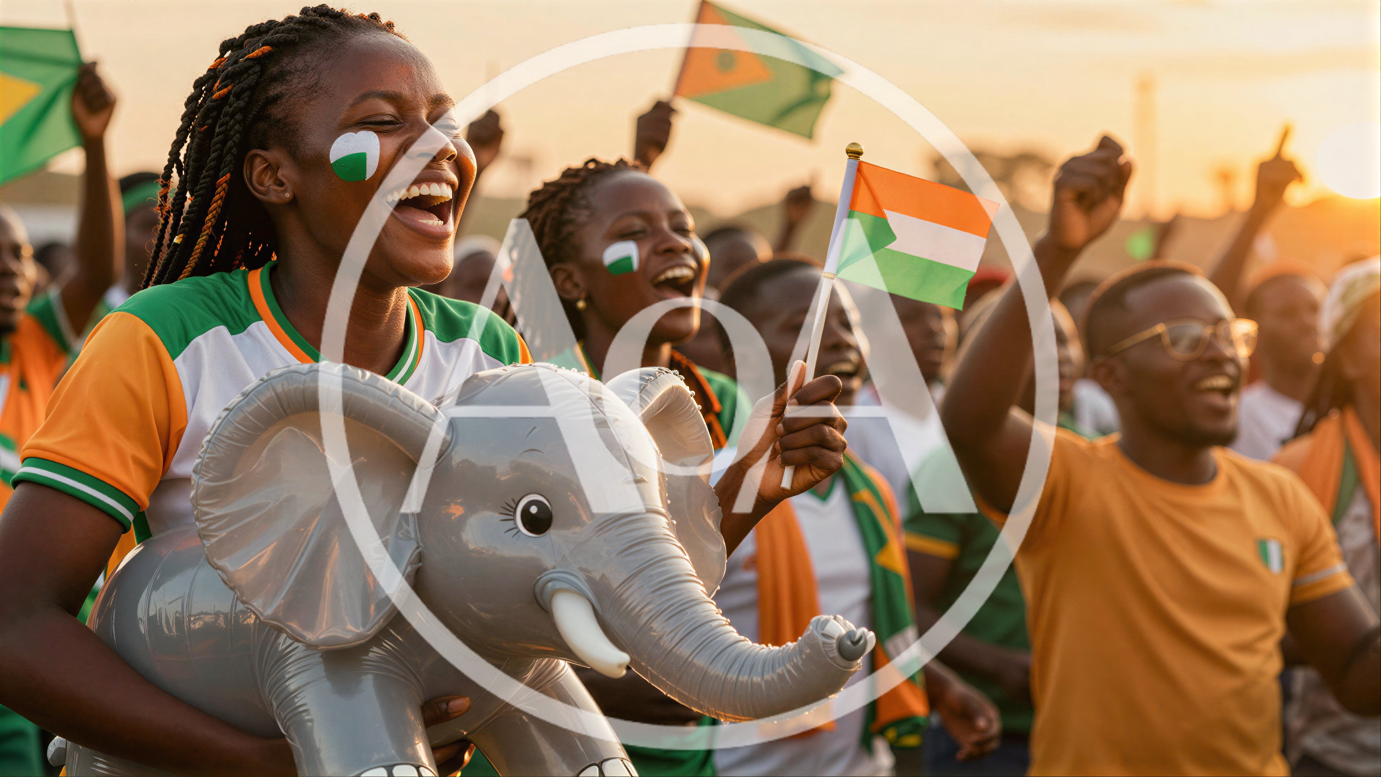 Excited African Soccer Fans Celebrating With Inflatable Elephant