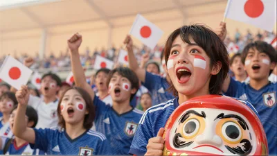 Japanese Soccer Fans Cheering With Daruma Doll
