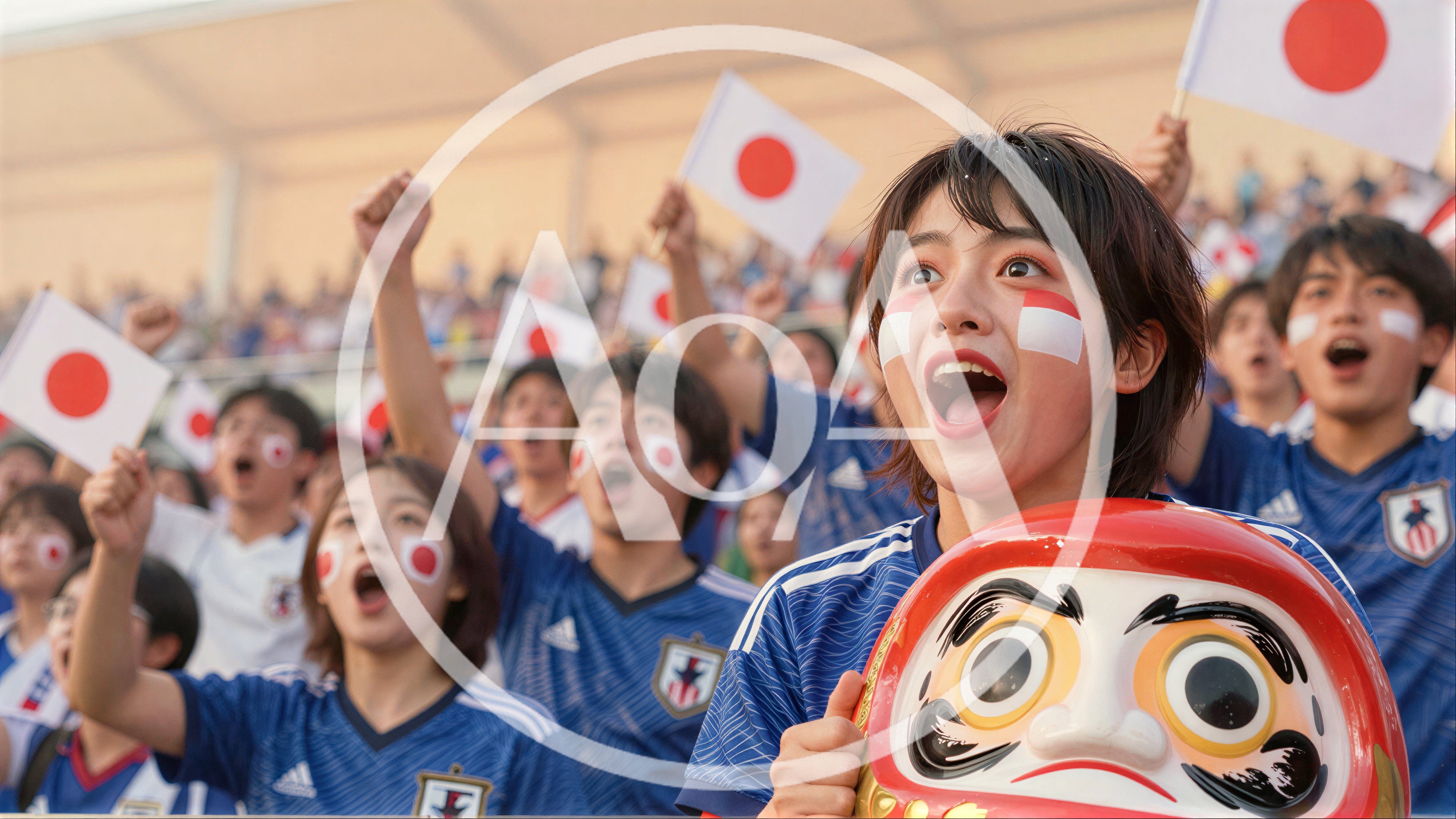 Japanese Soccer Fans Cheering With Daruma Doll