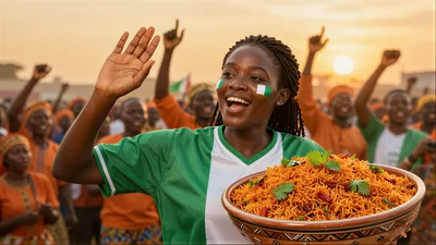 Nigerian Woman Celebrating With Traditional Jollof Rice