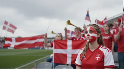 Danish Soccer Fans Cheering With Flags At Stadium