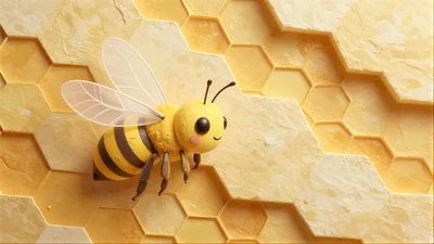 Cute 3D Cartoon Bee On Honeycomb Background