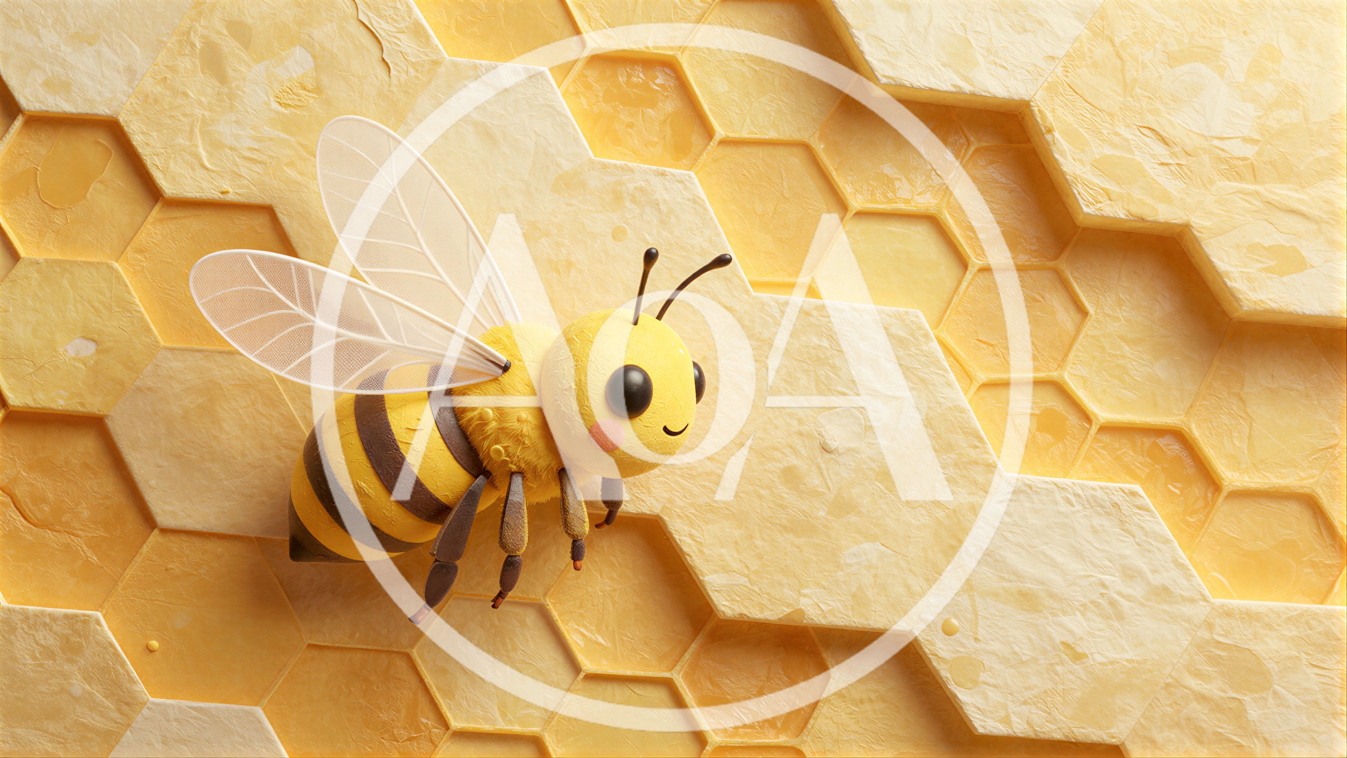 Cute 3D Cartoon Bee On Honeycomb Background