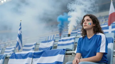 Young Female Soccer Fan Sitting In Stadium