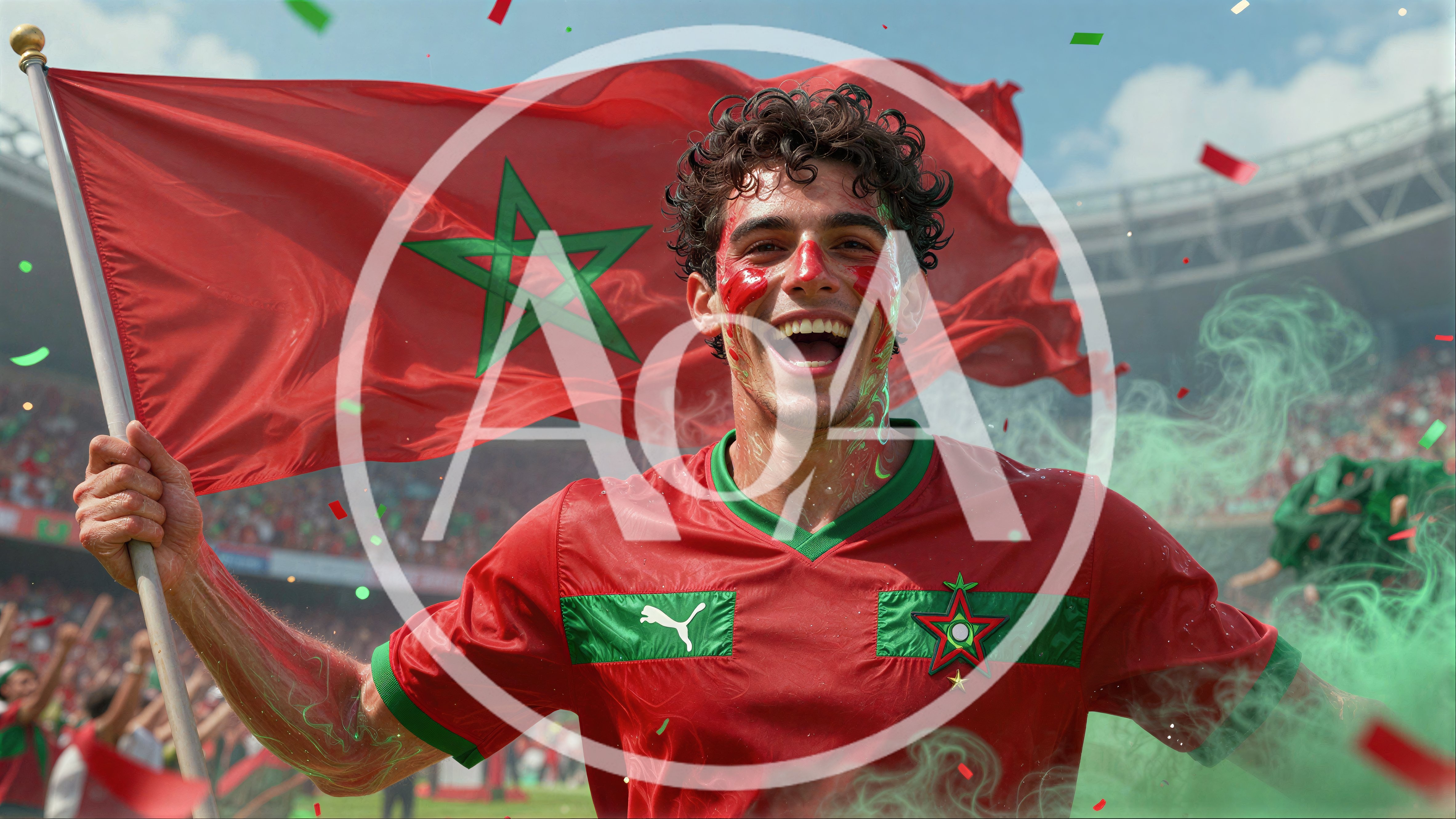 Moroccan Soccer Fan Celebrating Victory With Flag
