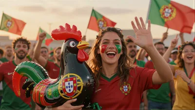 Happy Portuguese Soccer Fan Holding Inflatable Rooster