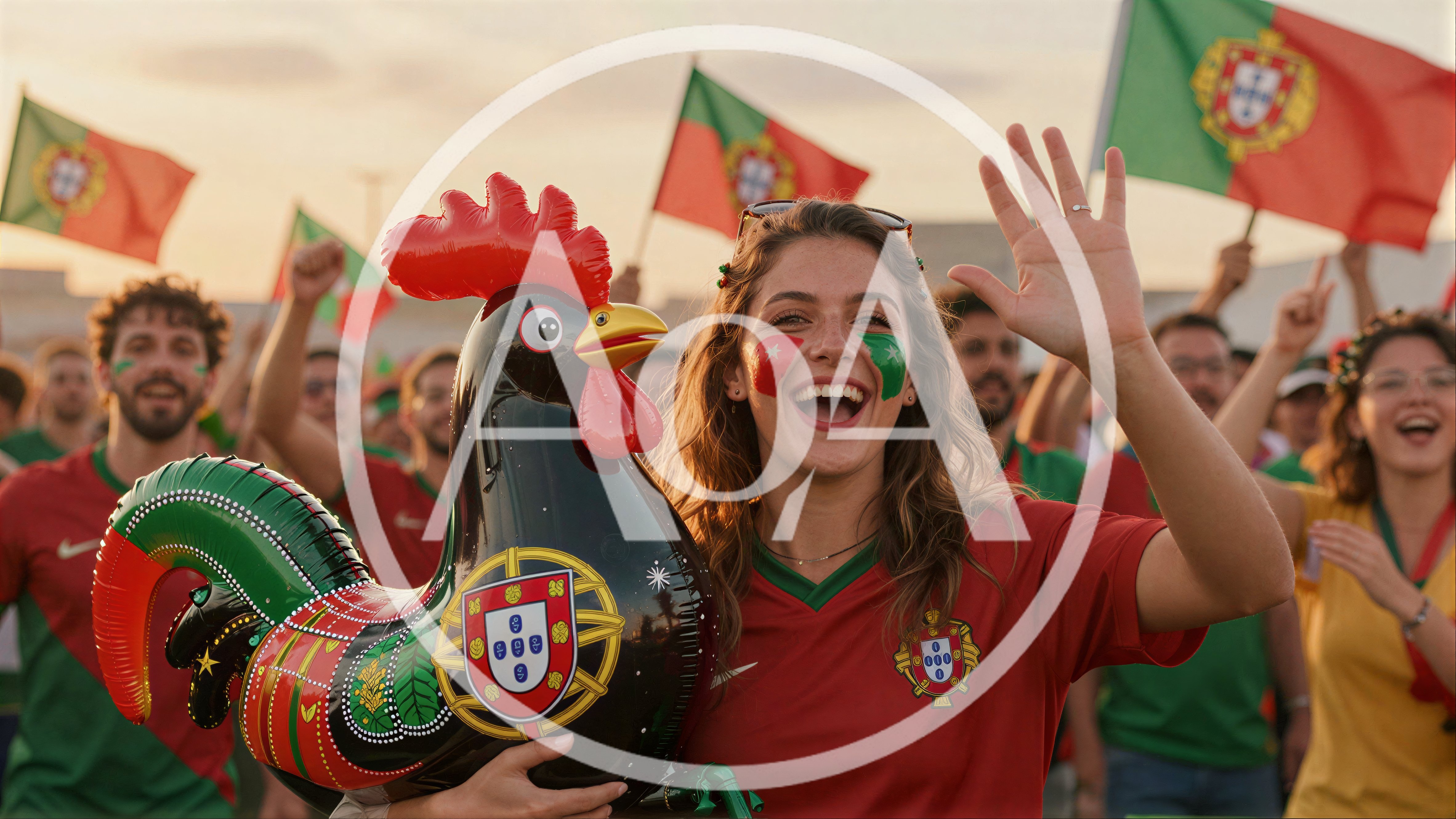 Happy Portuguese Soccer Fan Holding Inflatable Rooster