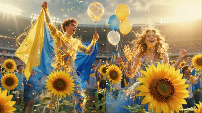 Young Couple Celebrating With Ukrainian Flags And Sunflowers