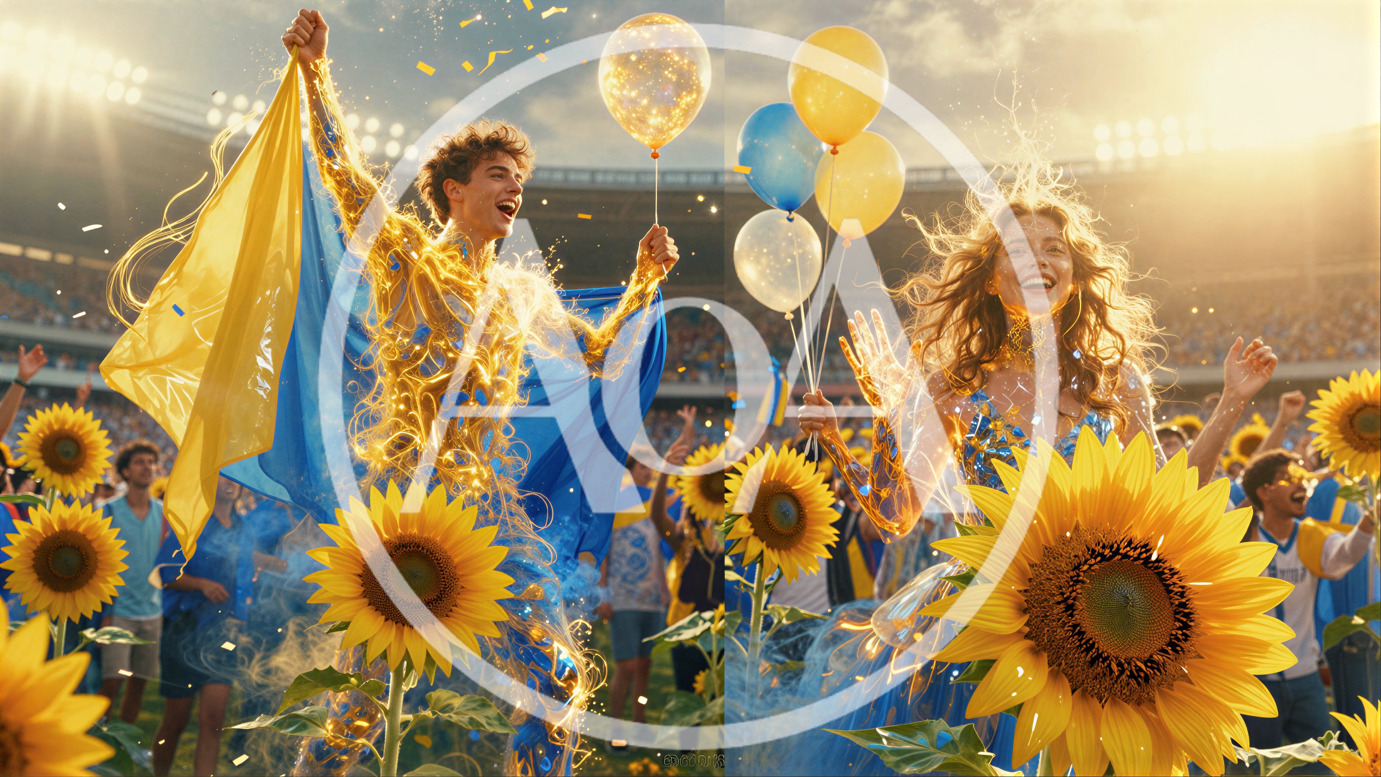 Young Couple Celebrating With Ukrainian Flags And Sunflowers
