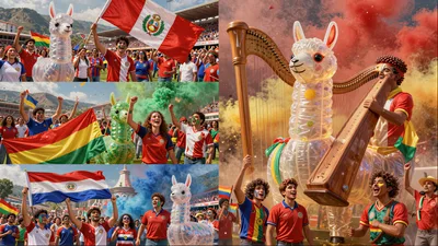 Festive South American Soccer Fans Celebrating With Inflatable Llamas