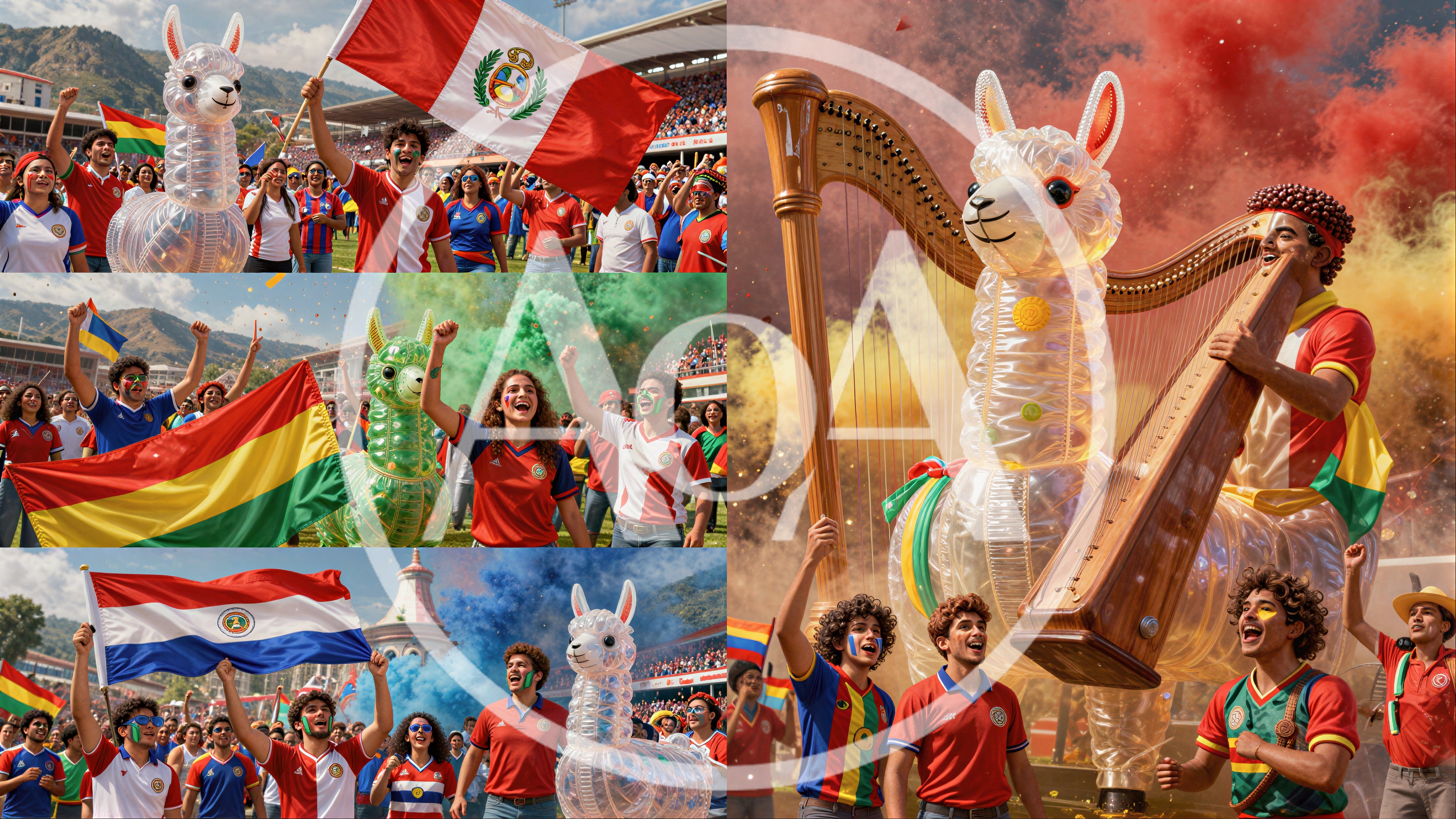 Festive South American Soccer Fans Celebrating With Inflatable Llamas
