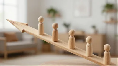 Wooden Peg Dolls Standing On An Upward Pointing Arrow