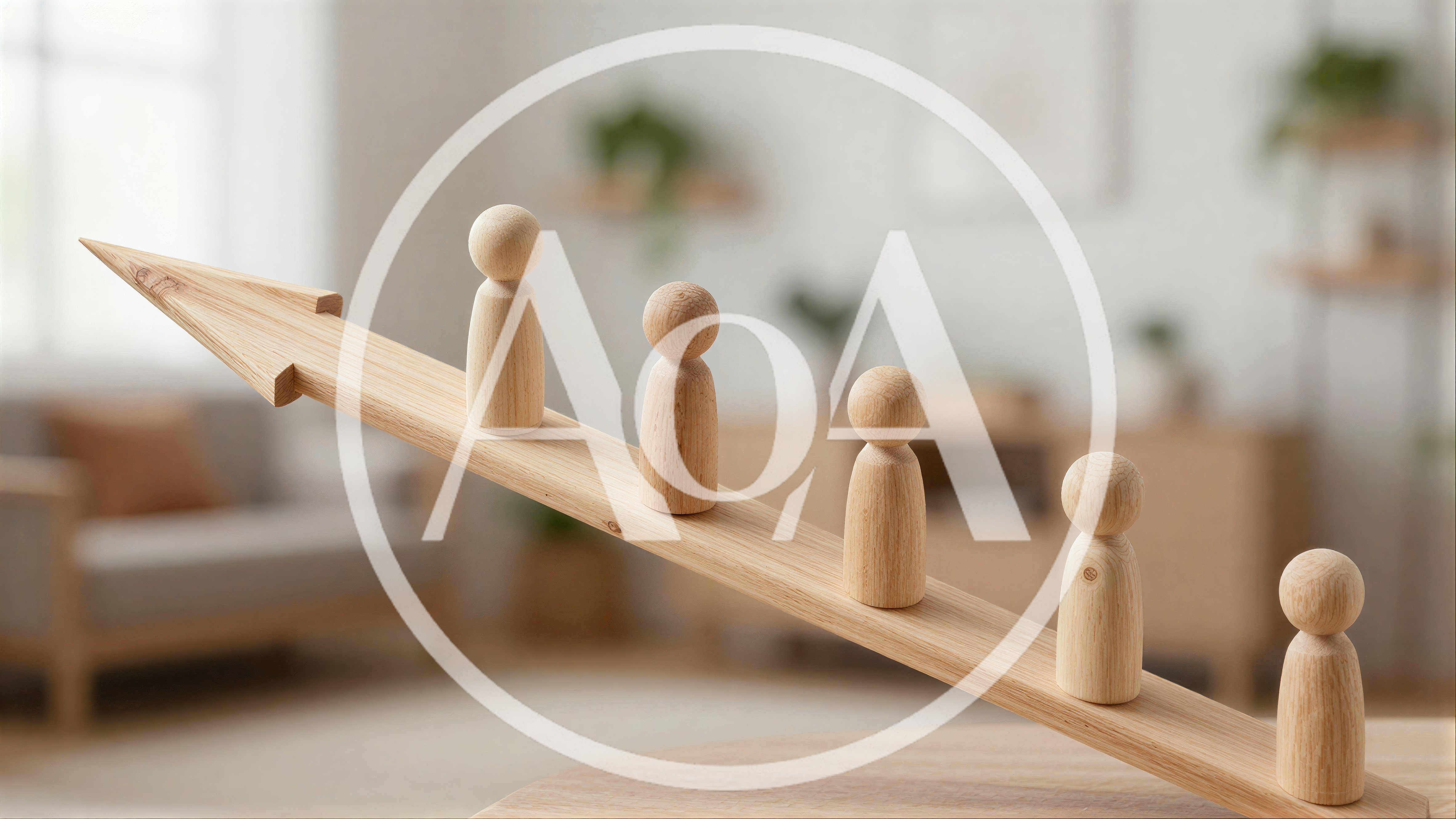Wooden Peg Dolls Standing On An Upward Pointing Arrow