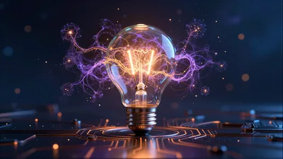 Glowing Light Bulb With Digital Neural Network Connections