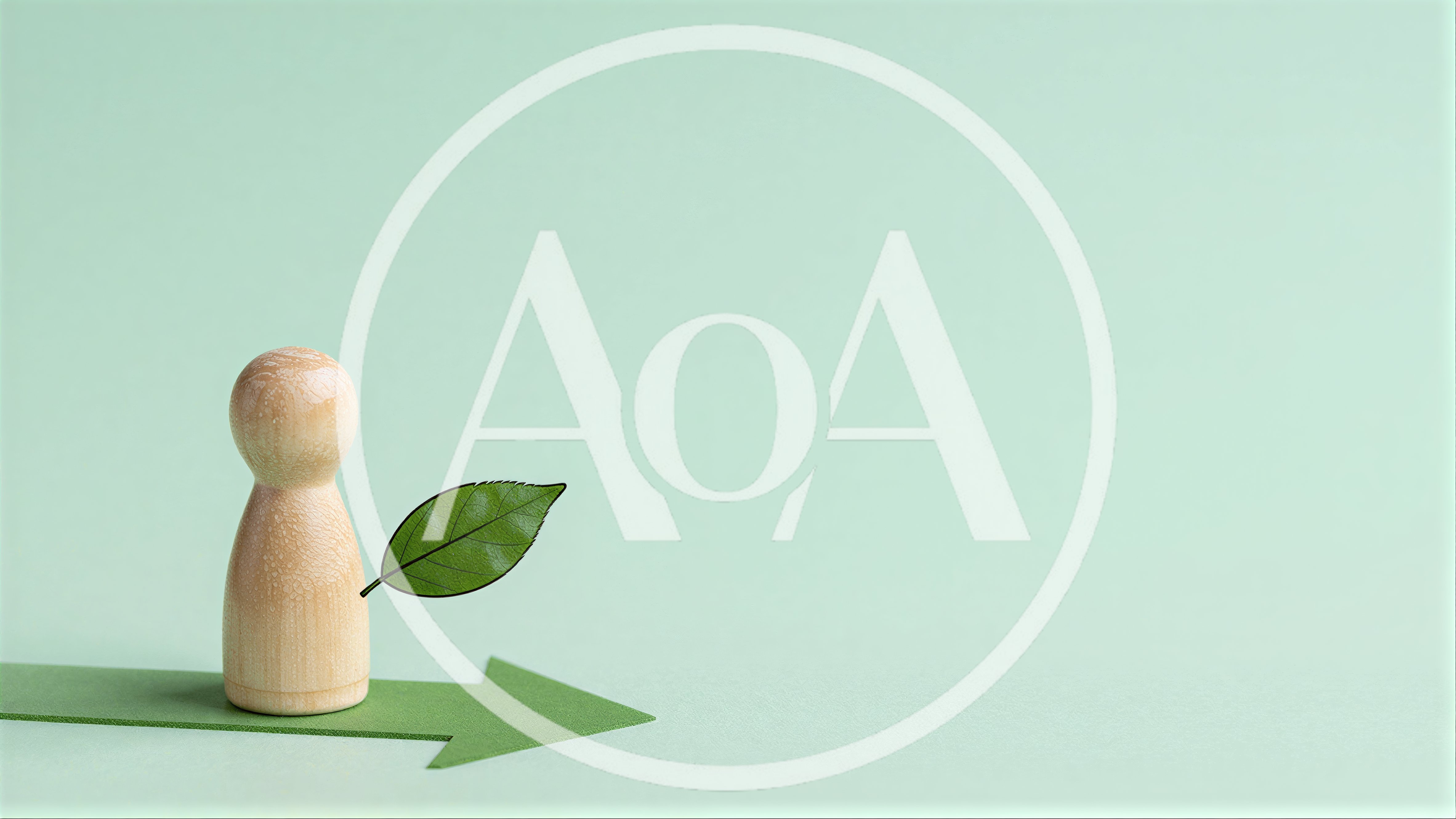 Wooden Peg Doll Standing On Green Paper Arrow