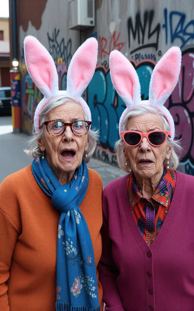 Two Elderly Women Wearing Bunny Ears In Urban Setting