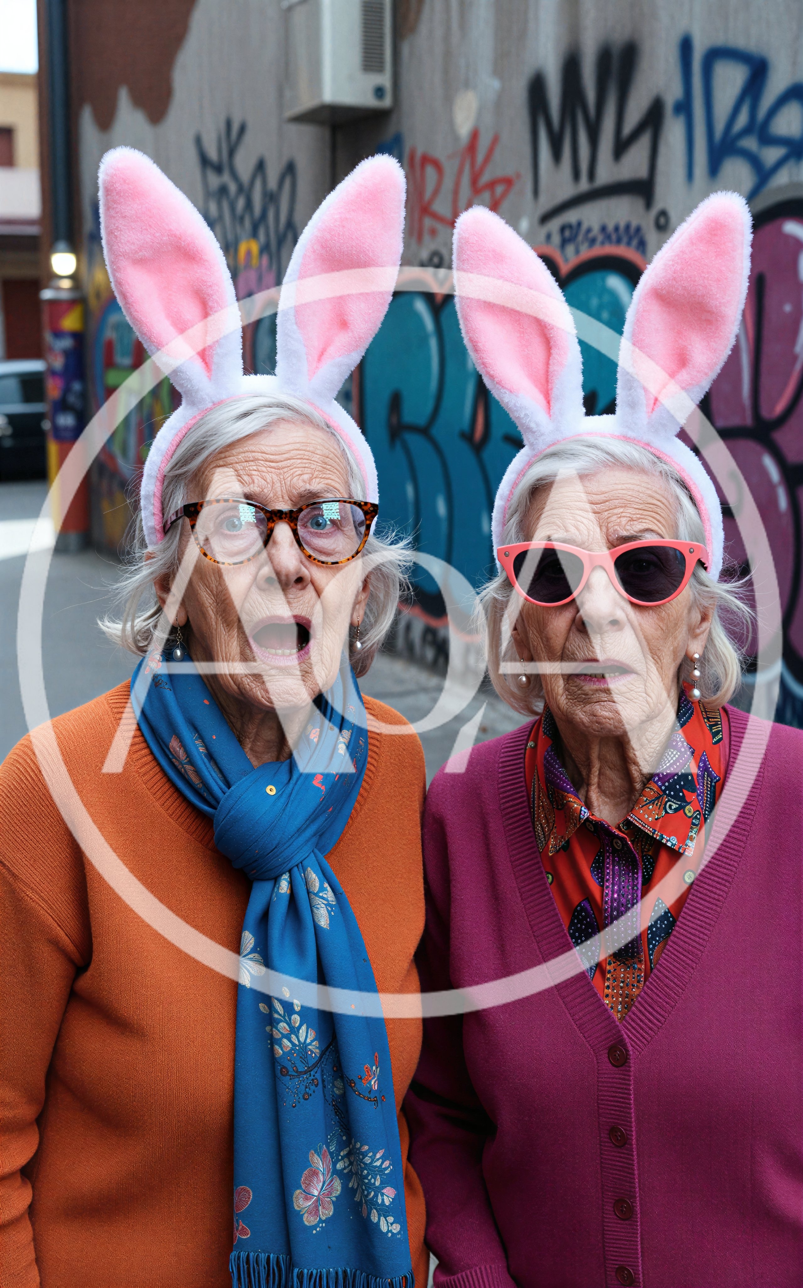 Two Elderly Women Wearing Bunny Ears In Urban Setting