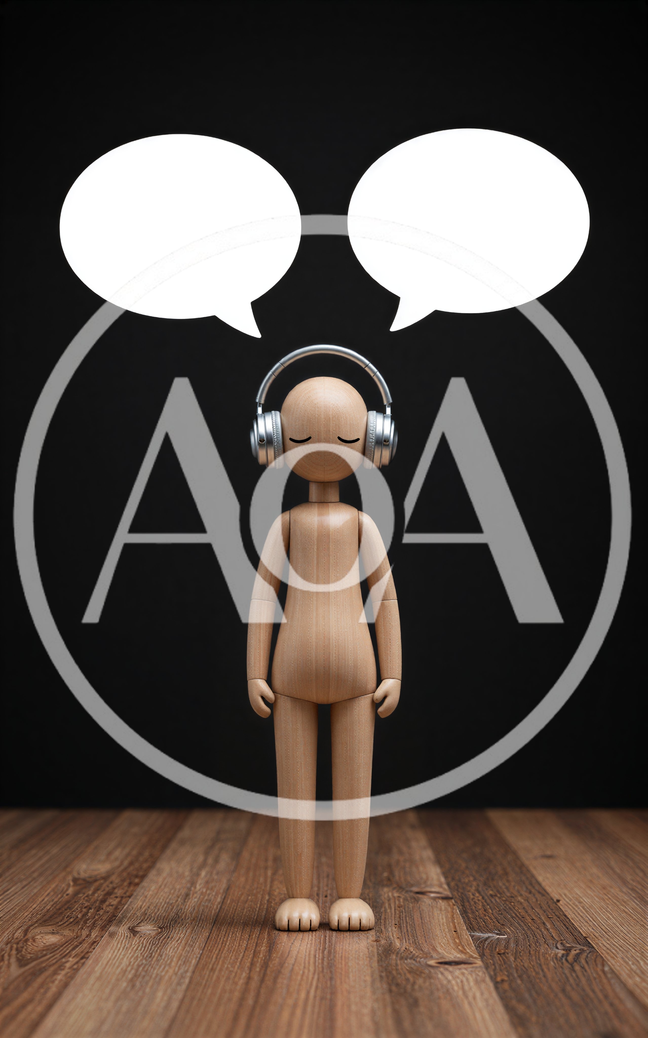 Wooden Mannequin Wearing Headphones With Blank Speech Bubbles