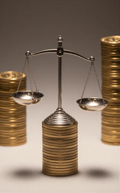 Silver Balance Scale Resting On A Stack Of Gold Coins