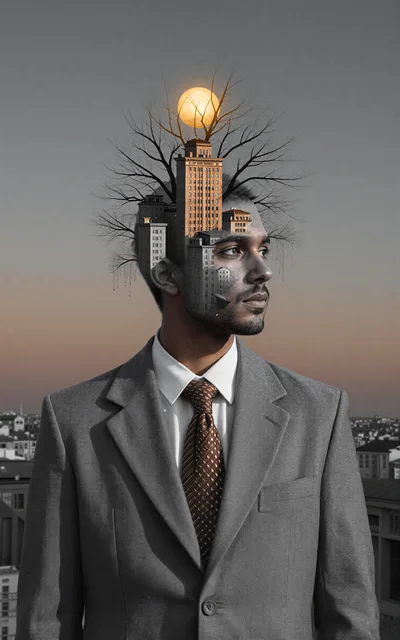 Surreal Portrait Of A Businessman With A Cityscape Head
