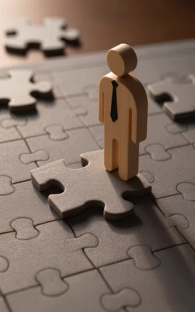 Wooden Figurine Standing On A Jigsaw Puzzle Piece
