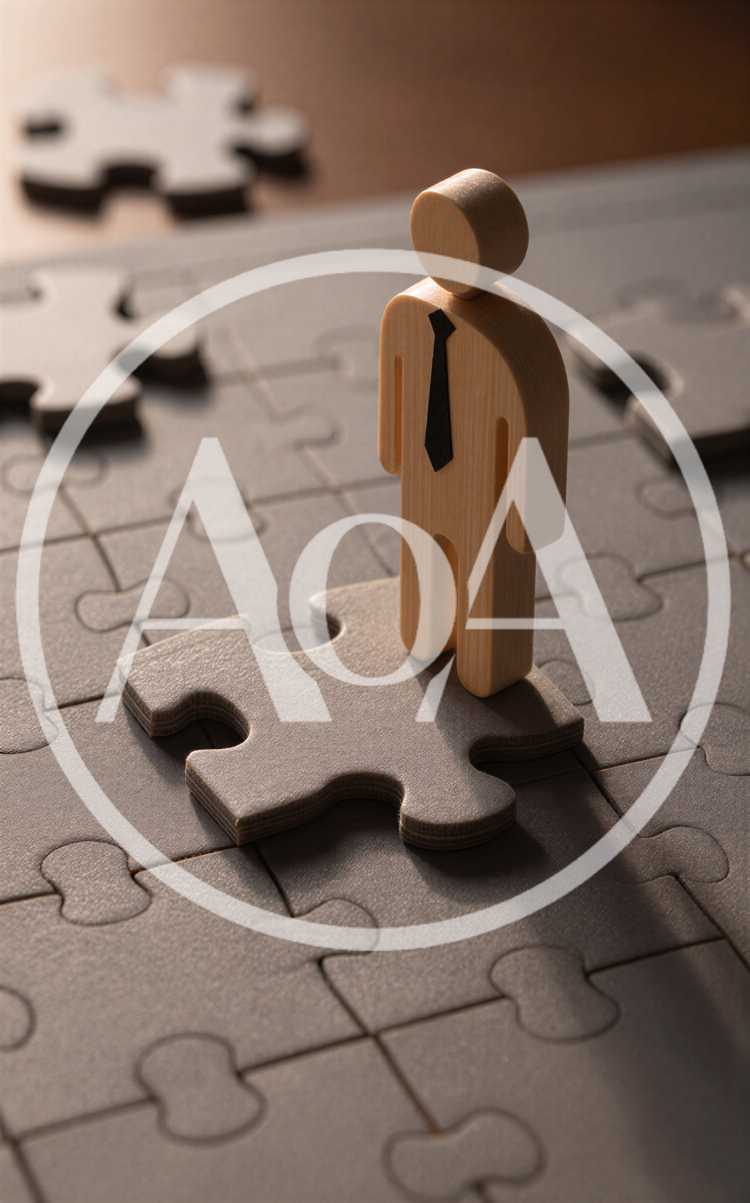 Wooden Figurine Standing On A Jigsaw Puzzle Piece