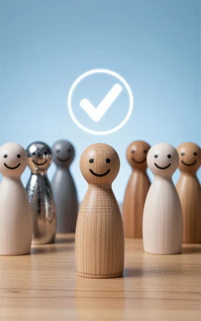 Wooden Peg Dolls With A Glowing Checkmark Icon