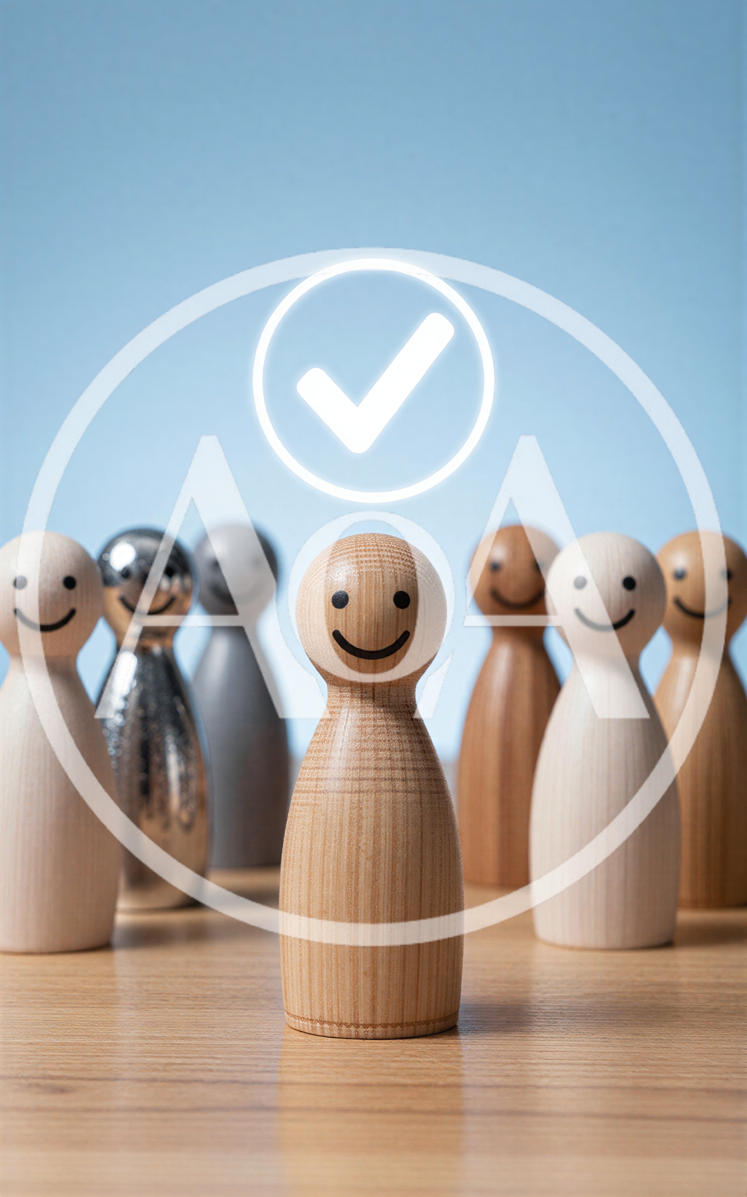 Wooden Peg Dolls With A Glowing Checkmark Icon