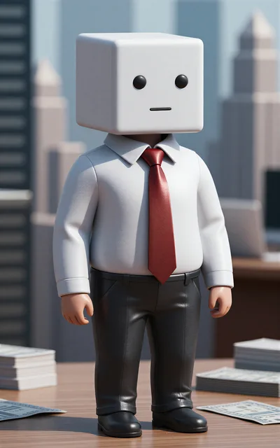 3D Character With Cube Head Standing On Office Desk