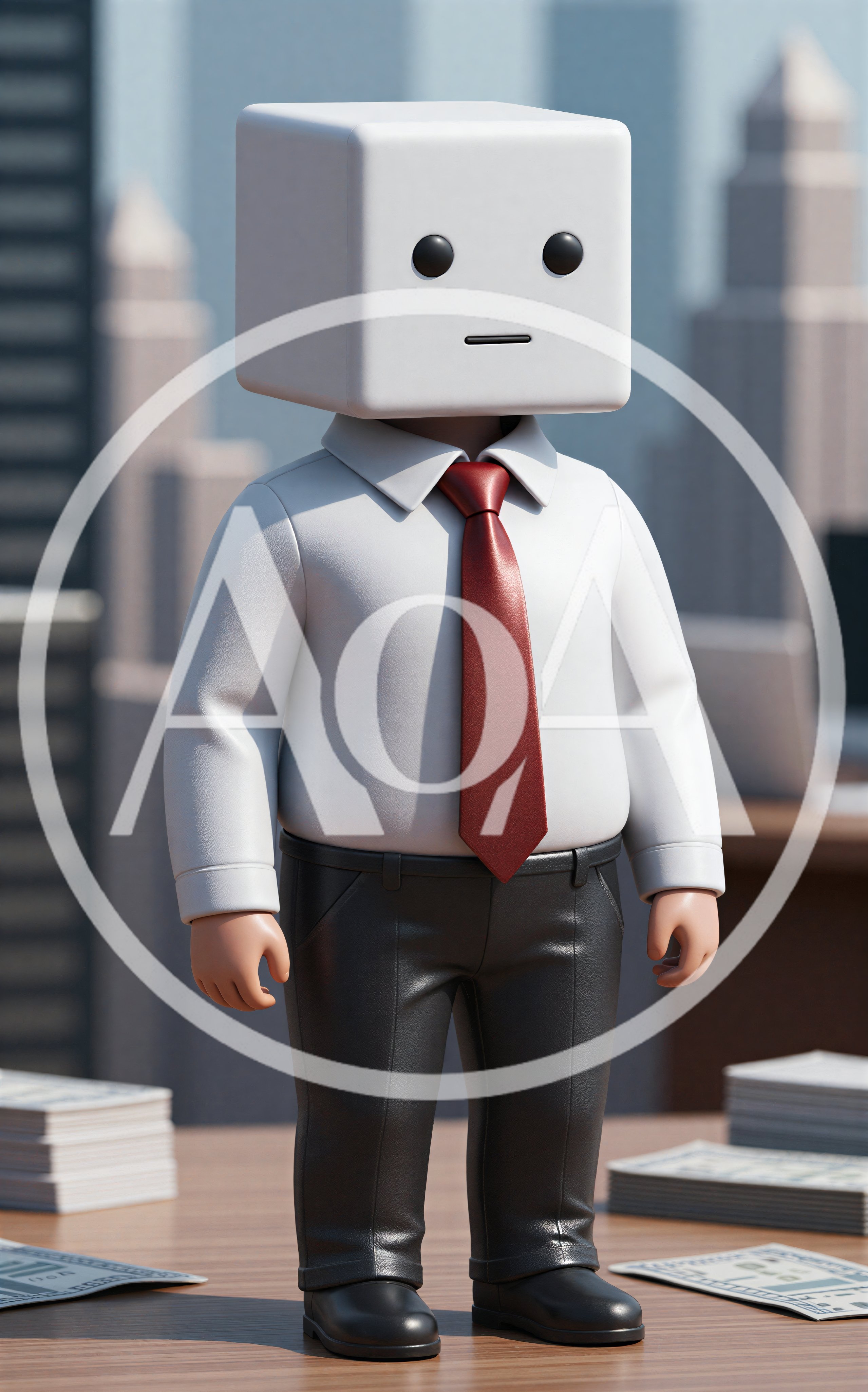 3D Character With Cube Head Standing On Office Desk