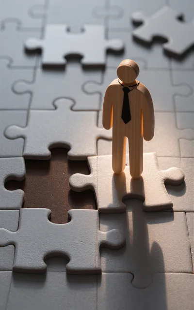 Wooden Figurine Standing On A Jigsaw Puzzle Piece
