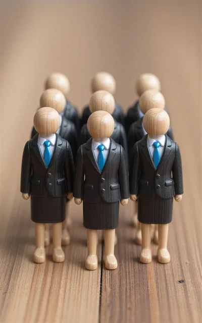 Wooden Figurines Dressed In Business Suits Standing In Rows