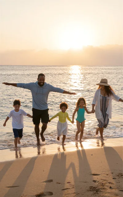 Happy Family Running Together Along The Beach At Sunset