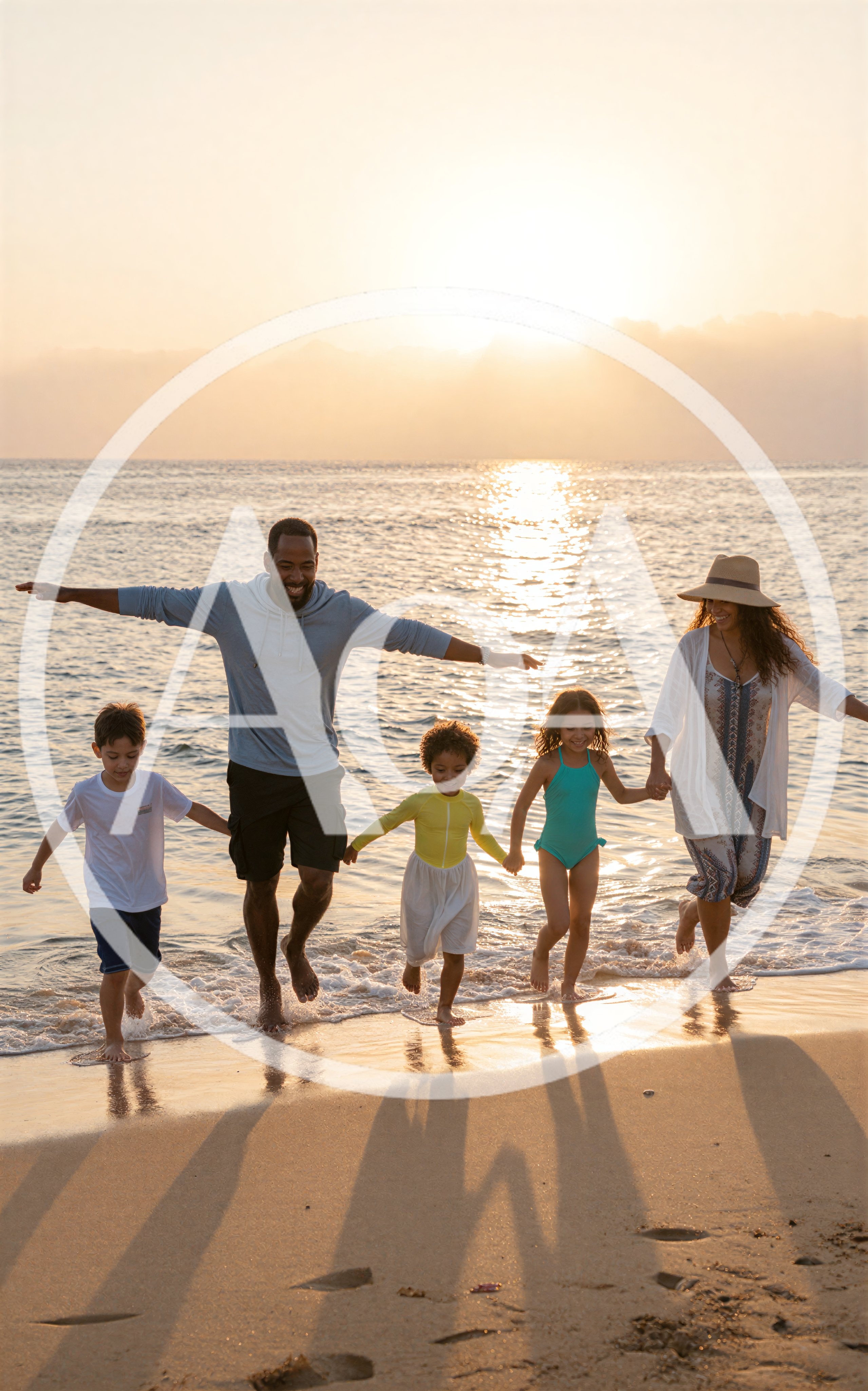 Happy Family Running Together Along The Beach At Sunset