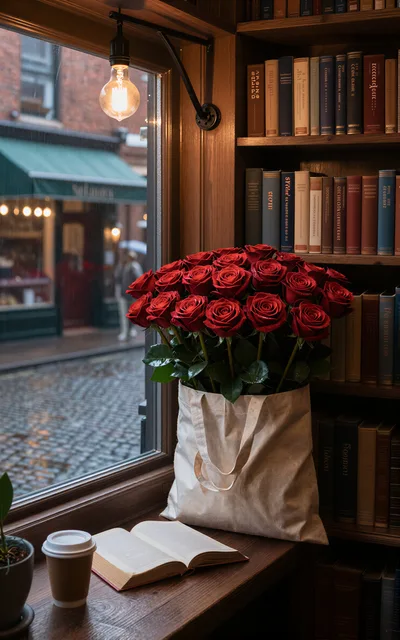Red Roses in Tote Bag by Library Window
