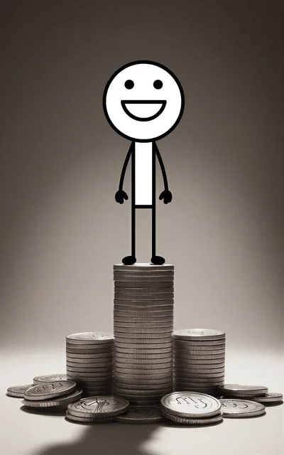 Stick Figure Standing Atop A Tall Stack Of Coins