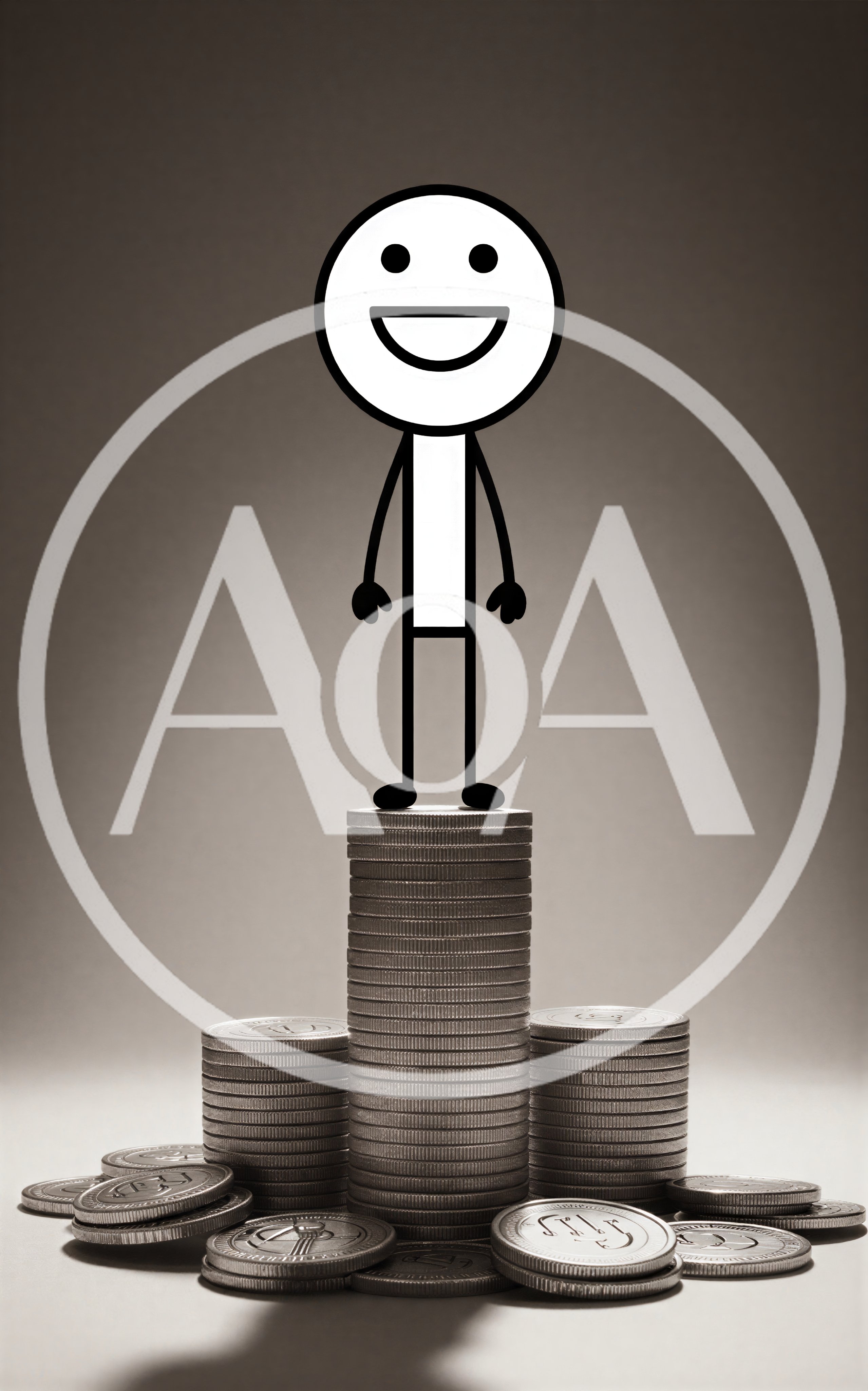 Stick Figure Standing Atop A Tall Stack Of Coins