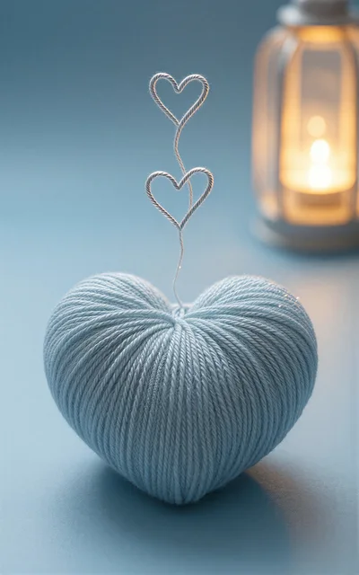Blue Yarn Heart With Wire Hearts And Lantern