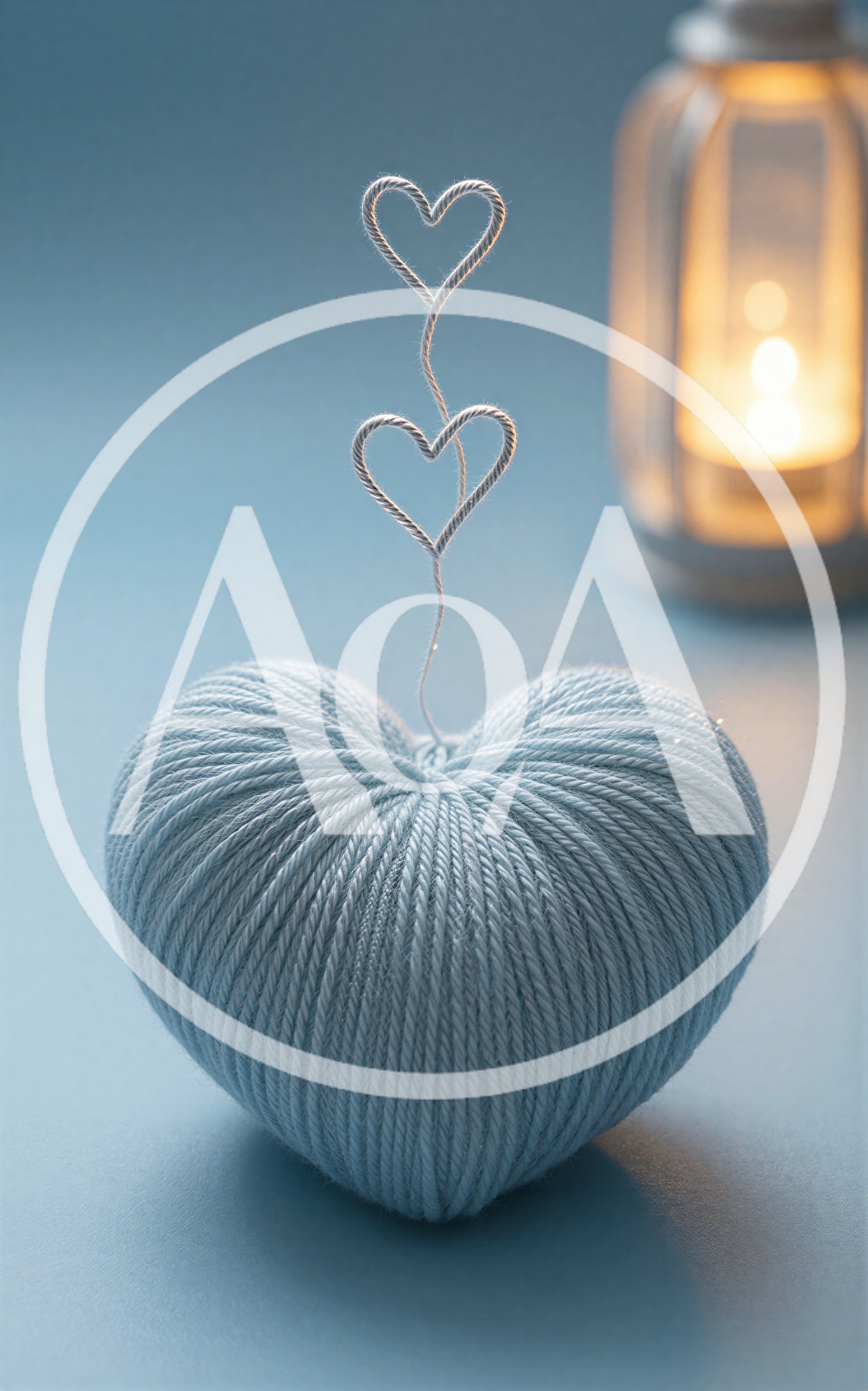 Blue Yarn Heart With Wire Hearts And Lantern
