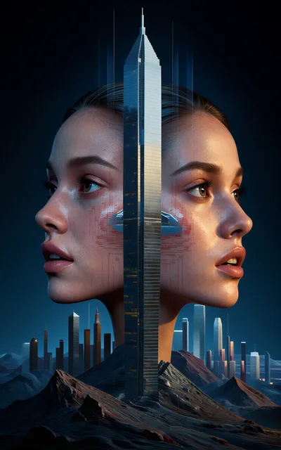 Surreal Digital Portrait Of Twin Faces And Skyscraper